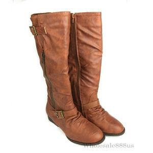 Brown Tall Below Knee Buckle Cowboy Boots